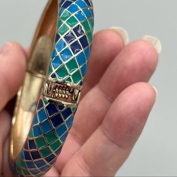 4 for $20 SALE! Sequin Enameled Goldtone Harlequin Hinged Bangle, Blues/Greens - Picture 2 of 6